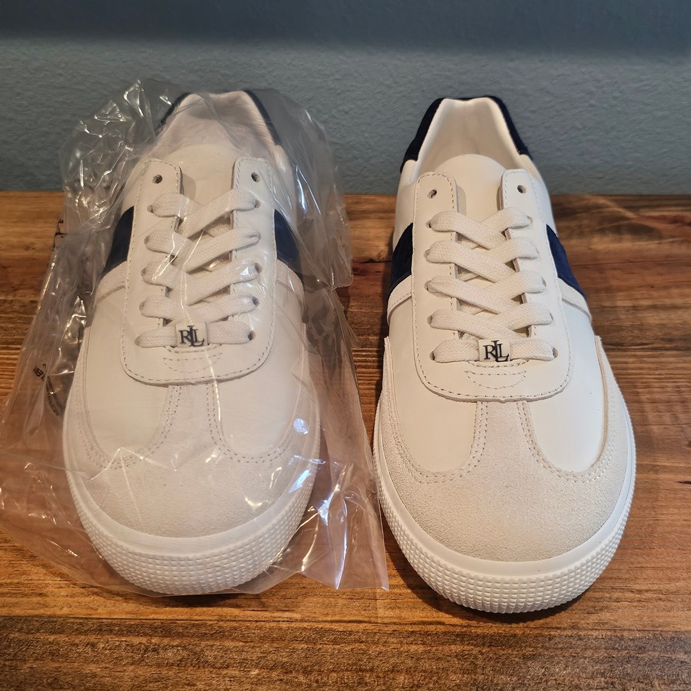 Lauren Ralph Lauren Womens Braylee Leather Sneakers White Navy Blue Stripe 9B - Picture 2 of 7